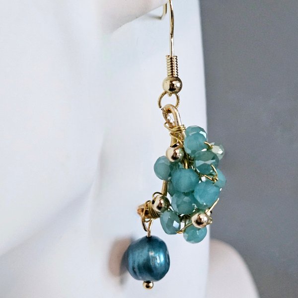 Wirewrapped Aqua Crystals and Pearl Earrings